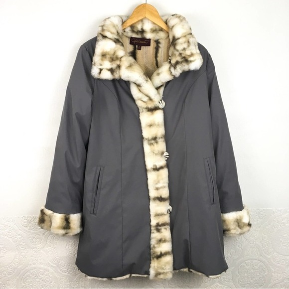 Hal Rubenstein gray leopard lined faux fur jacket Medium Penny Lane coat - Picture 2 of 14